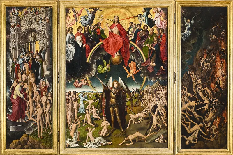 Tryptyk Sąd Ostateczny Hansa Memlinga z Chrystusem na tęczy i archaniołem Michałem ważącym dusze
