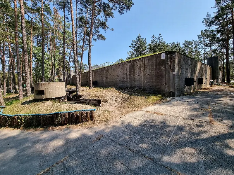 Żelbetowe stanowisko ogniowe B2 baterii Schleswig-Holstein w sosnowym lesie w Helu